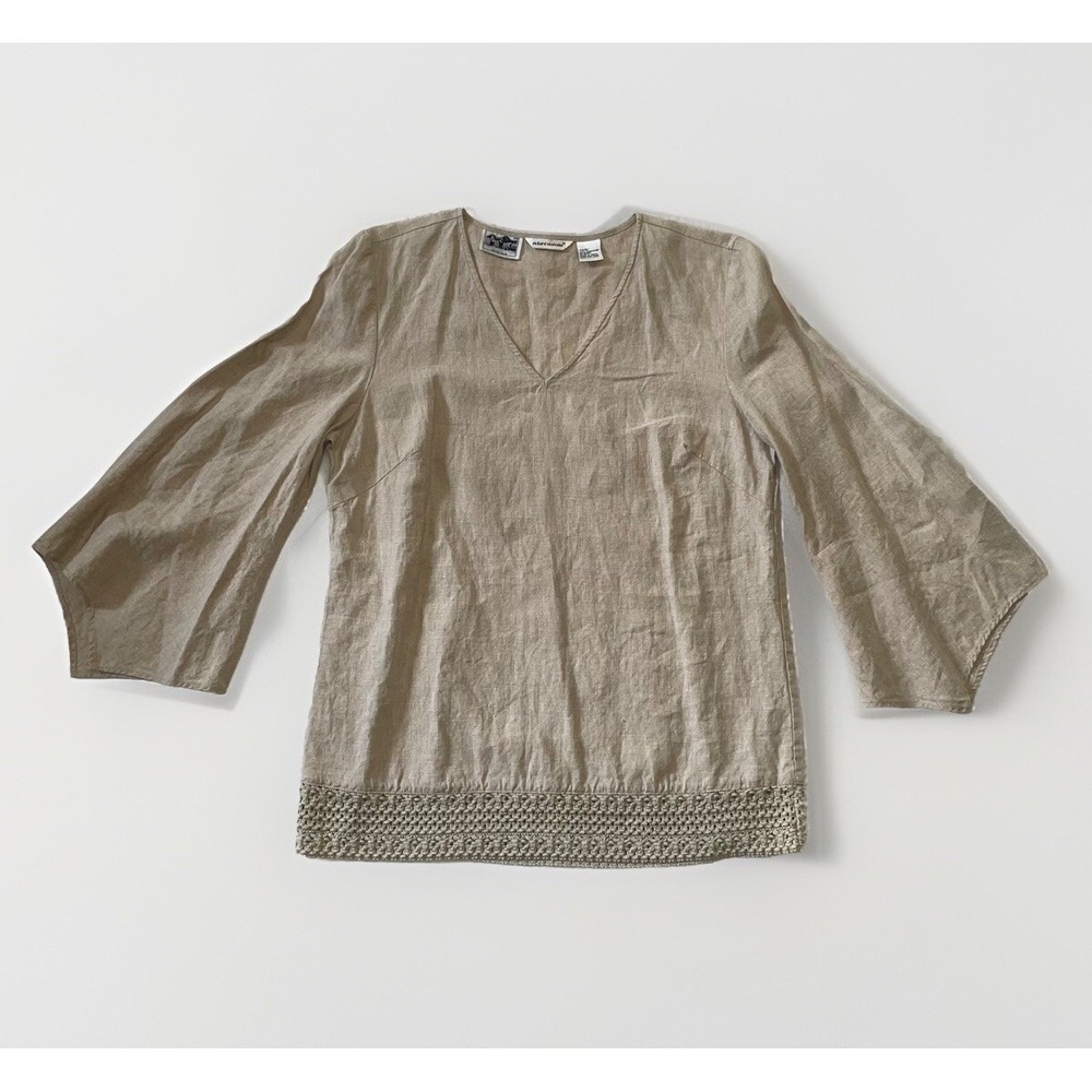 Vtg 100% Irish Linen Tunic Top M Crochet Trim Bell Sleeve Flare Boho Lagenlook